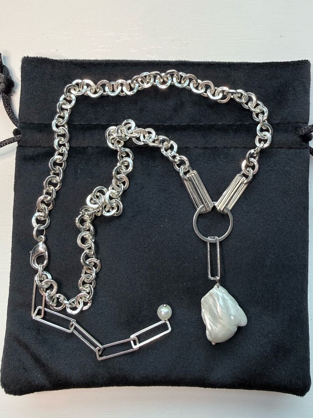 Thick Chunky Bright Silver Chain Lariat Y Necklace w/ Baroque Pearl
